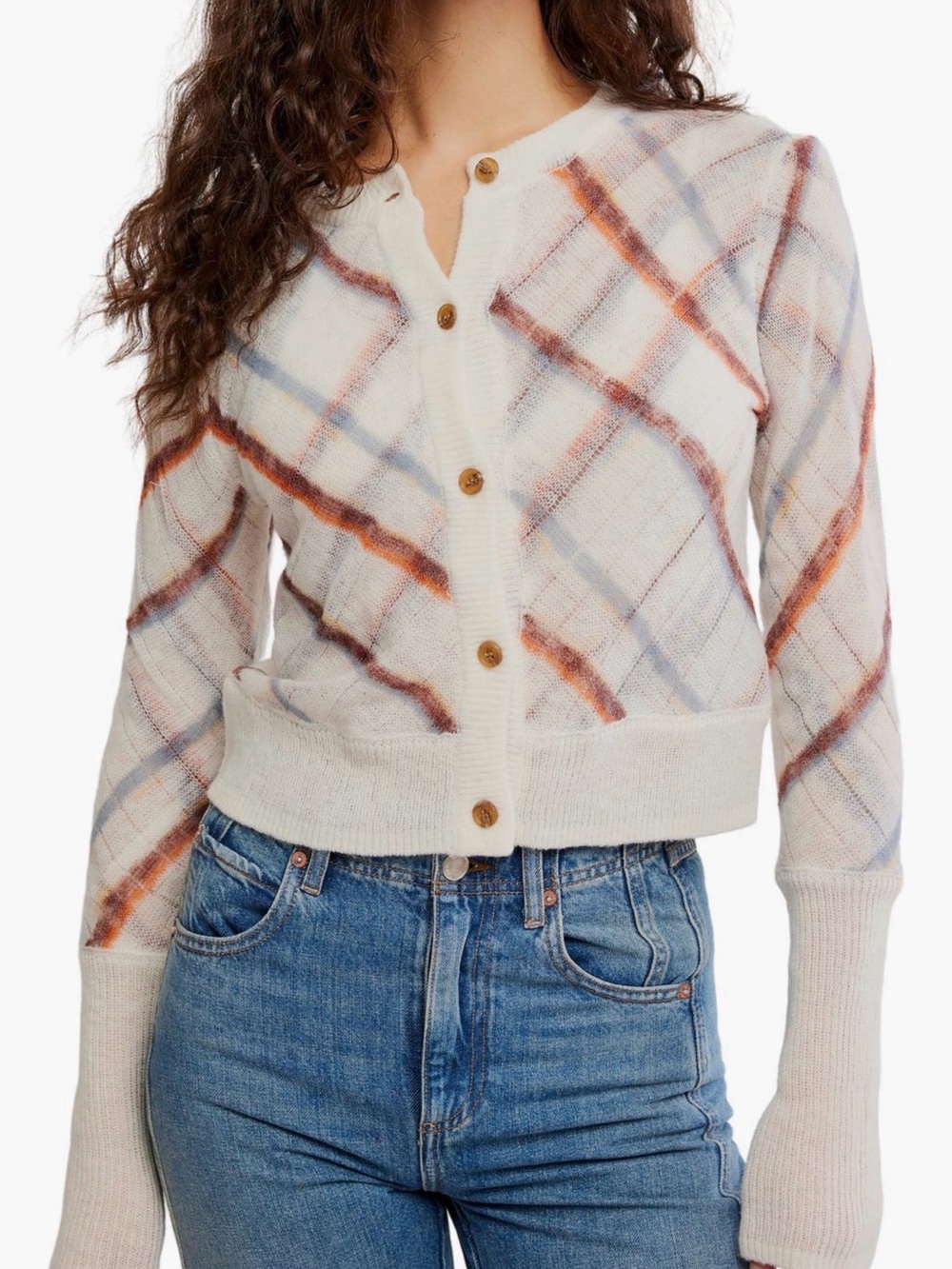 Free People Highland Mist Cream Plaid Button-Front Cardigan